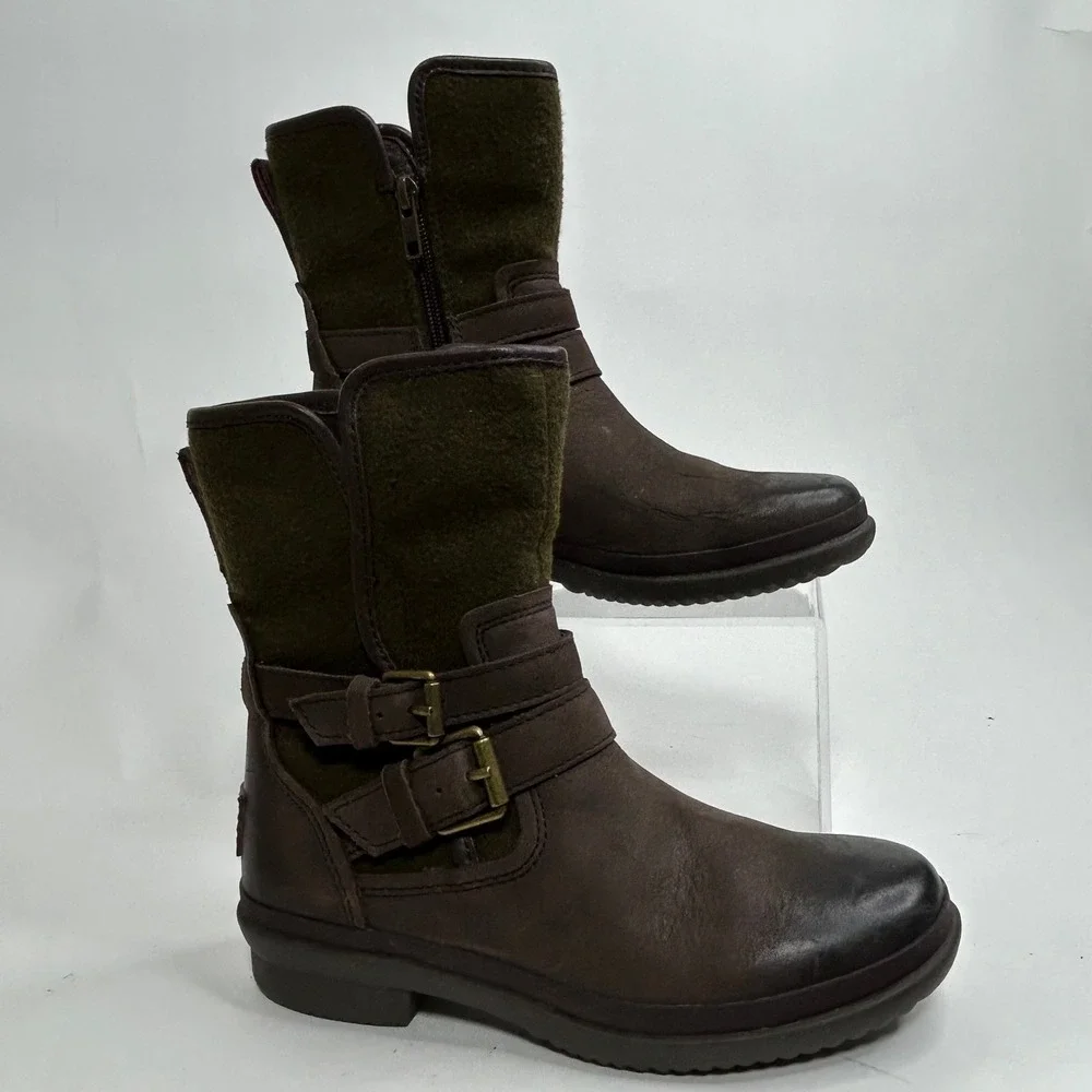 UGG Waterproof‎ Kids Boots Brown Green Wool Buckle Zip Size 5